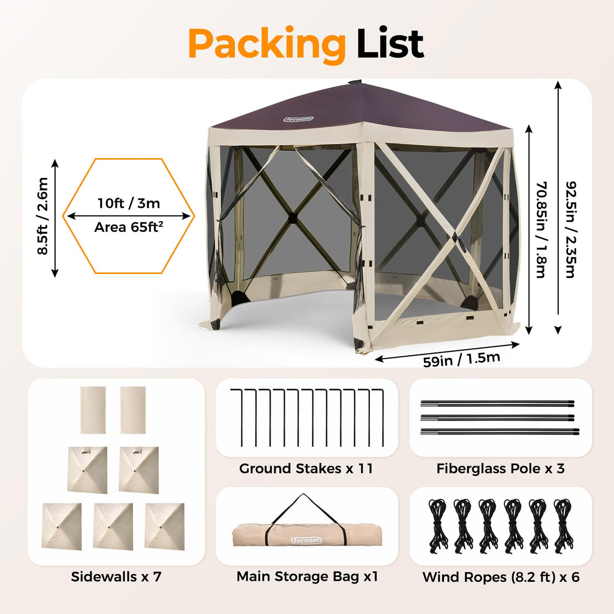 Tecoom 10x10ft 6-Side Pop Up Gazebo Tent, Waterproof Instant Screen with Mosquito Netting, Portable Outdoor Canopy with 4 Removable Wind Cloths, Sun Shelter for Camping, Garden and Picnics, Khaki