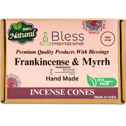 Bless International Frankincense-and-Myrrh 100%-Natural-Incense-Cones Handmade-Hand-Dipped Organic-Chemicals-Free for-Purification-Relaxation-Positivity-Yoga-Meditation The-Best-scents (60 Count)