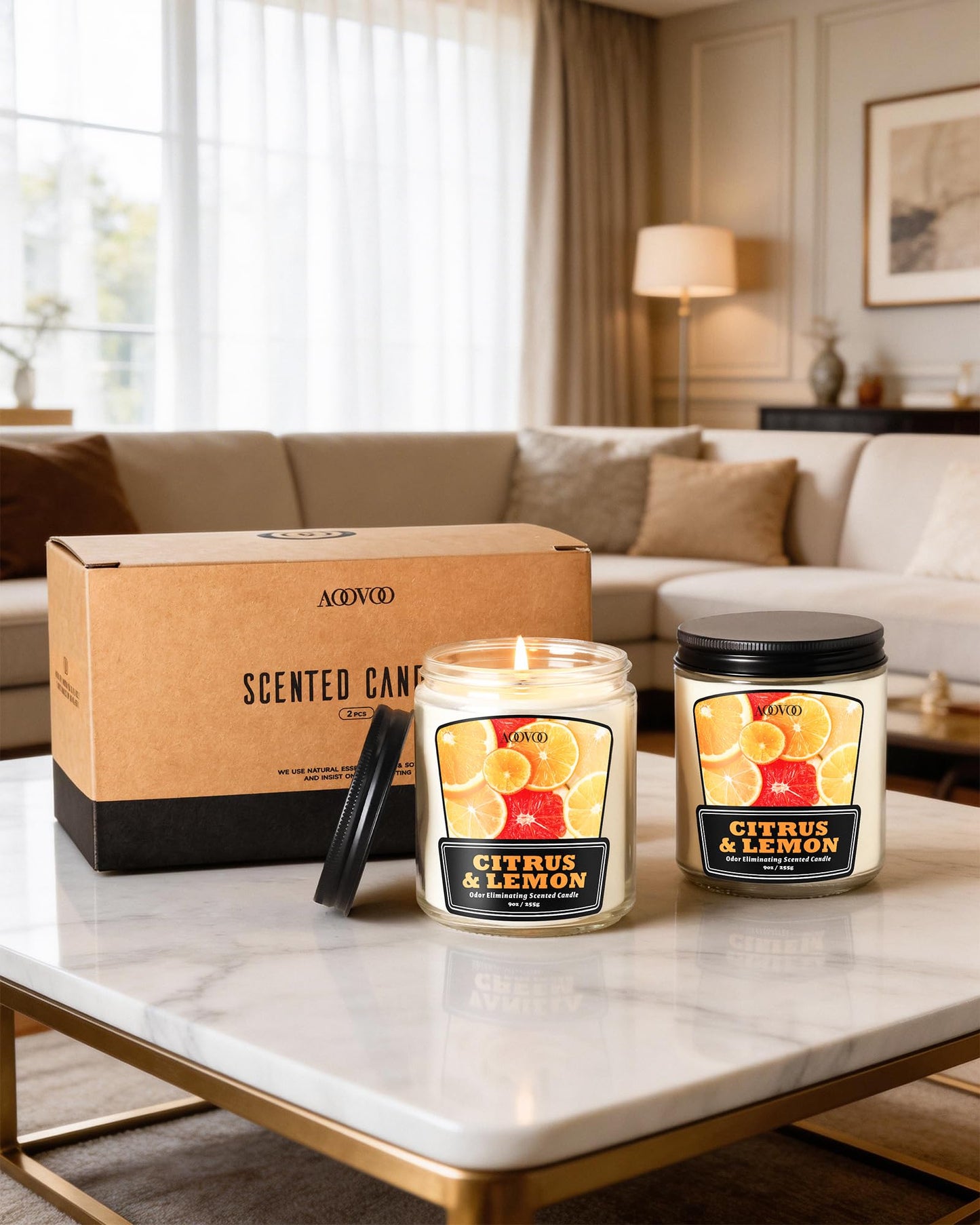 AOOVOO Citrus Lemon 2 Pack Odor Eliminating Candle - Up to 100 Hours Burn time, Eliminates 95% of Pet, Smoke, Food, and Other Smells Quickly, 18 oz Non Toxic Highly Fragranced Air Freshing Soy Candle