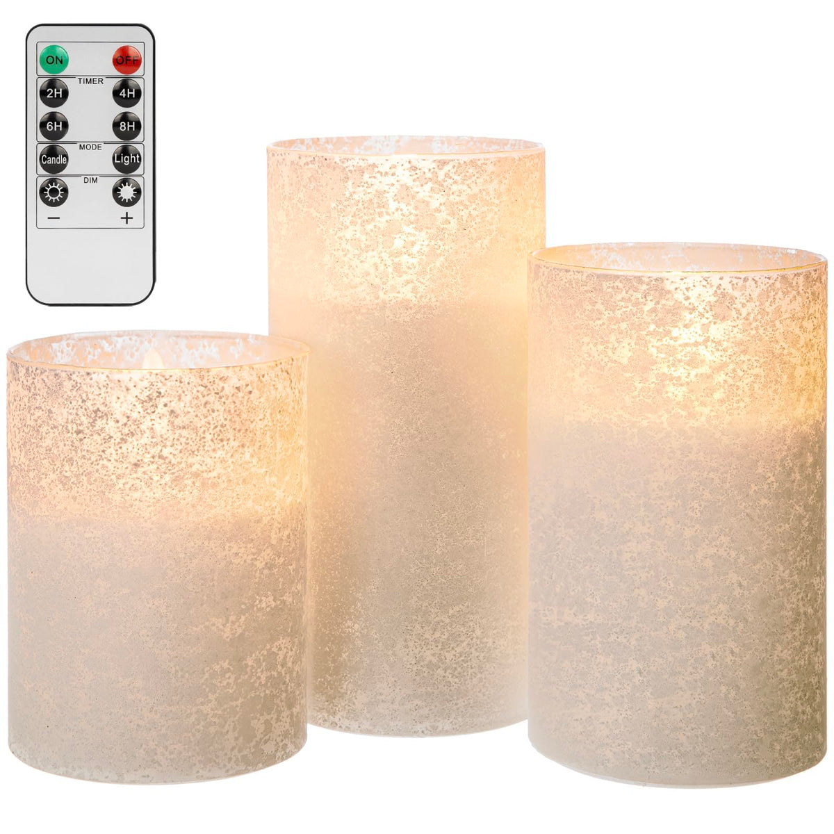 ANGELLOONG White Candles Battery Operated, White Flameless Candles with Remote, Set of 3 Spring Electric Fake LED Pillar Candle in Glass for Home Decor Wedding Decoration