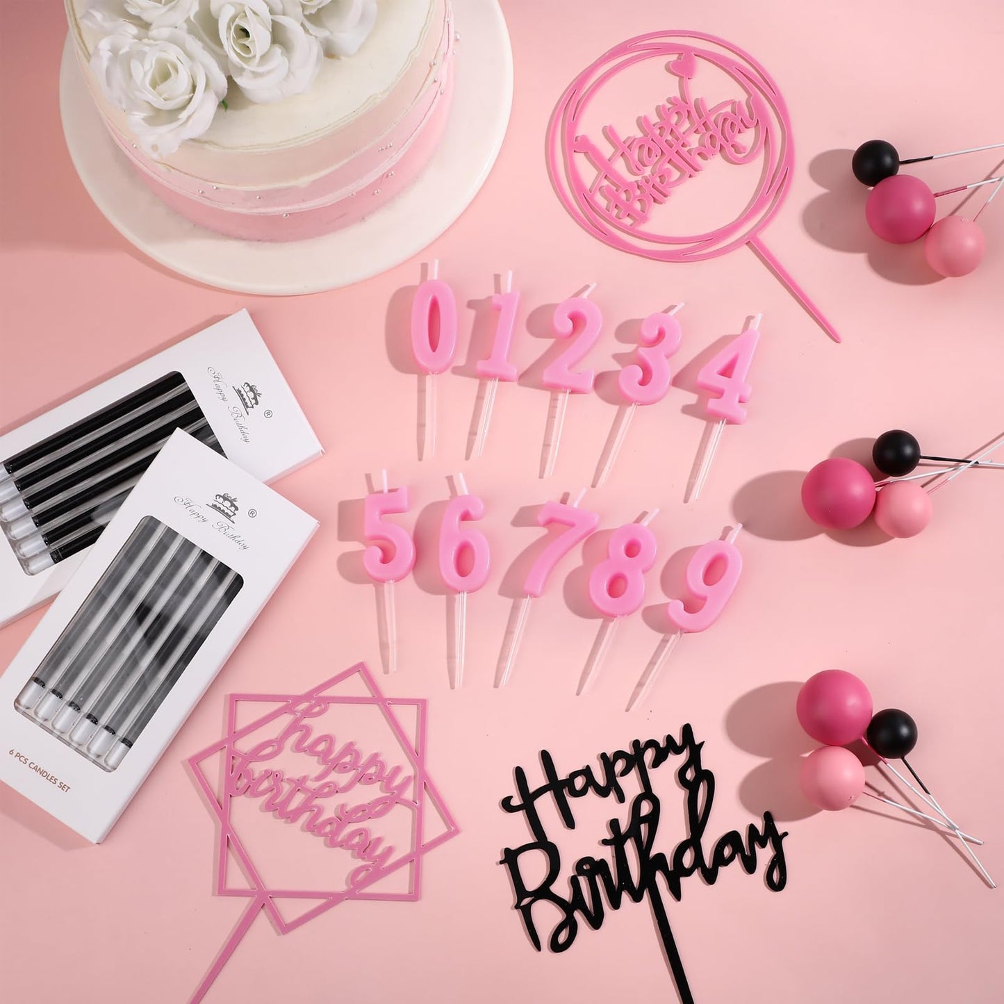 Yerliker 34 Pcs Happy Birthday Cake Toppers Decorations Birthday Candles DIY Cake Decor for Men Women Wedding Anniversary(Black Pink Rose Red)