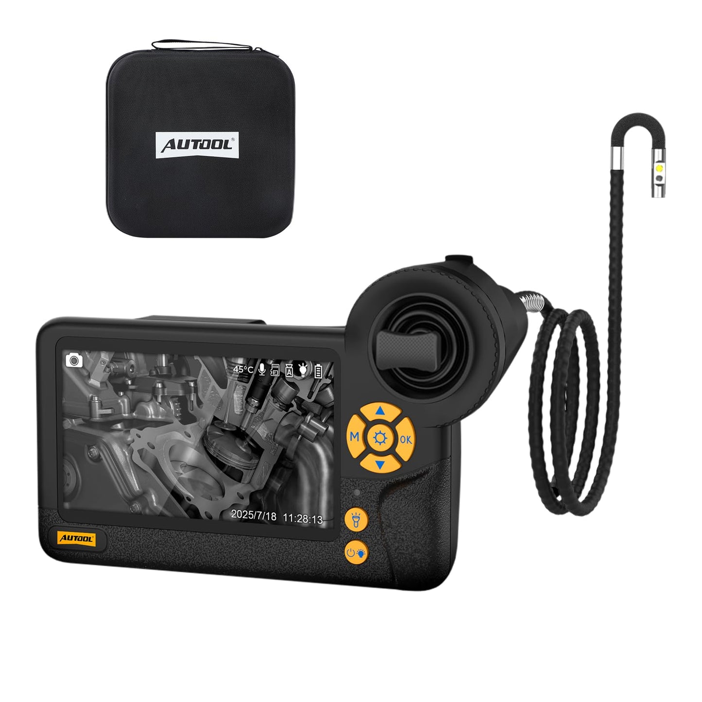AUTOOL Dual Lens Borescope, 4.3” IPS Screen HD Inspection Camera, 0.25inch Endoscope 3FT Semi-Rigid Cable, 210° Articulation, 6 LED Lights, IP67 Waterproof, 32GB SD Card
