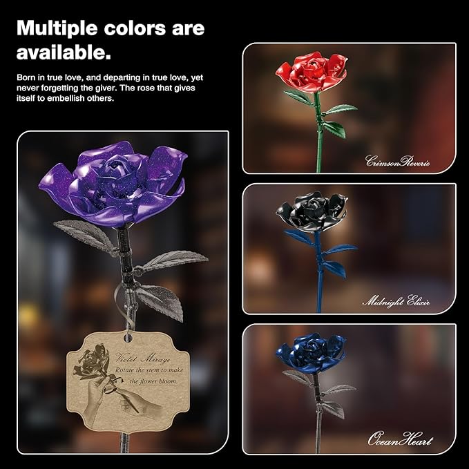 Rose Rotating Everlasting Flower Building Set (866PCS) Compatible Artificial Bouquet Elegant Home/Office Decor Accent for Tabletop Display Long-Lasting Home Decoration (Purple)