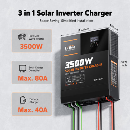 LiTime Solar Inverter Charger, 3500W DC 48V to AC 120V Pure Sine Wave Inverter with 80A MPPT Charge Controller, 40A AC Battery Charger, Uninterrupted Power Supply (UPS), RS485 Communication