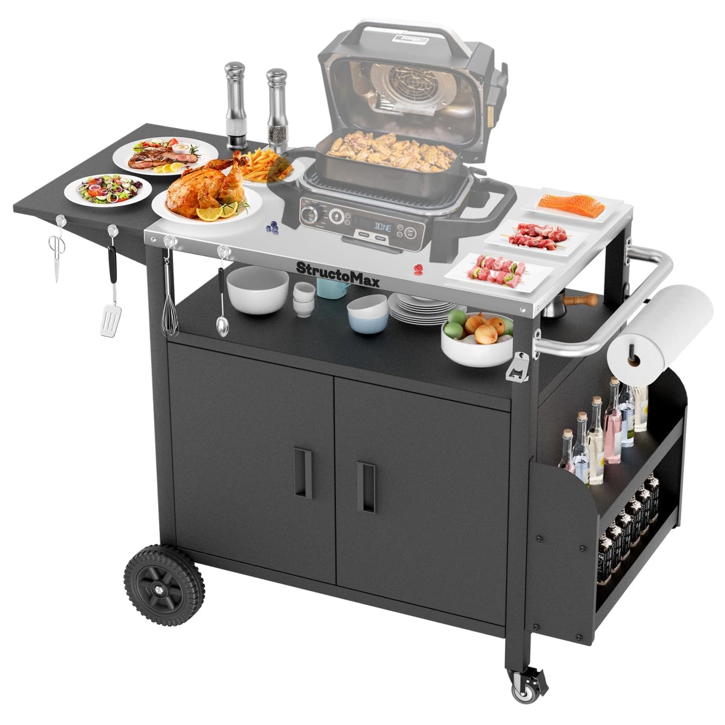 StructoMax XL Outdoor Grill Cart with Cabinet, Extra-Wide Stainless Steel Table Top, Large Spice Rack & Lockable Wheels, Outdoor Kitchen Island Grill Table for BBQ, Cooking & Prep