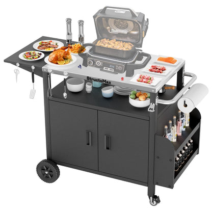 StructoMax XL Outdoor Grill Cart with Cabinet, Extra-Wide Stainless Steel Table Top, Large Spice Rack & Lockable Wheels, Outdoor Kitchen Island Grill Table for BBQ, Cooking & Prep