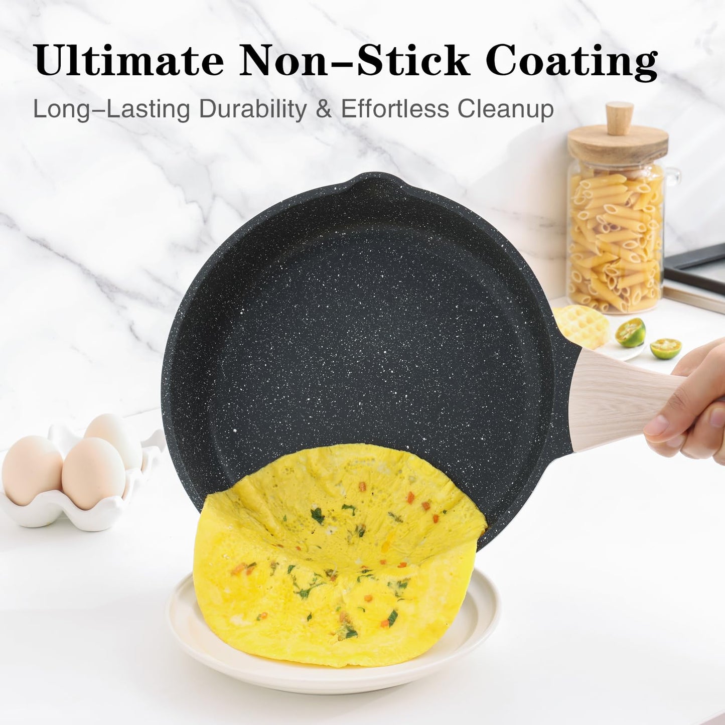 Kordisen Nonstick Frying Pan Set with Lids, 3 Piece Skillet Set, Healthy Induction Cooking Pan, Stay-Cool Handle, Compatible with All Stovetops, PFOA Free (8, 9.5, 11 Inch)