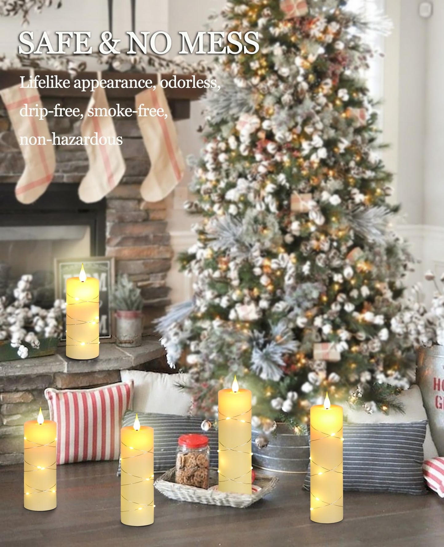 Upinmz Flickering Flameless Candles with Embedded String Lights, Battery Operated Candles with Remote Control and Timer,LED Candles for Home Decoration,Real Wax, 5 Pack Ivory