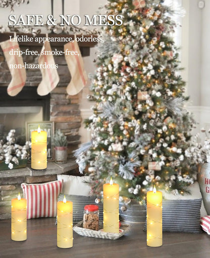 Da by 5 Pack Ivory Real Wax Flameless Taper Candles, Lifelike Flickering LED Flame Candles with Surrounding Fairy String Lights, Battery Candles with Remote for Home Wedding Holiday Decor