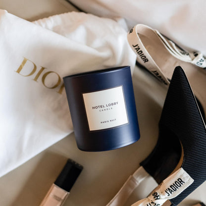 Hotel Lobby Paris Nuit Candle – Luxury Hand-Poured 9.75oz 100% Soy Wax with Black Musk, Wood, Rum, Mahogany, and Tobacco – Paraffin-Free, Infused with Essential Oils, 65-Hour Clean Non-Toxic Burn