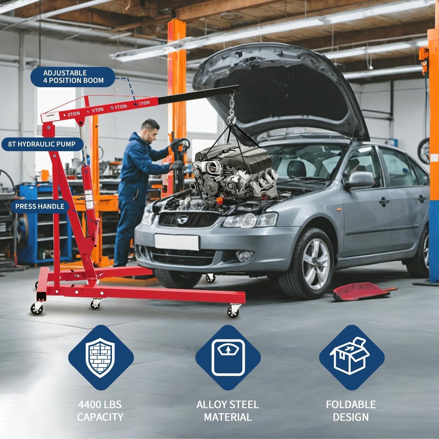 DEXSO Engine Hoist and Engine Support Bar Combo, 2 Ton Folding Hydraulic Engine Crane, 4400 LBS Cherry Picker, 1100 LBS 2 Point Lift Holder Hoist Dual Hooks, Red