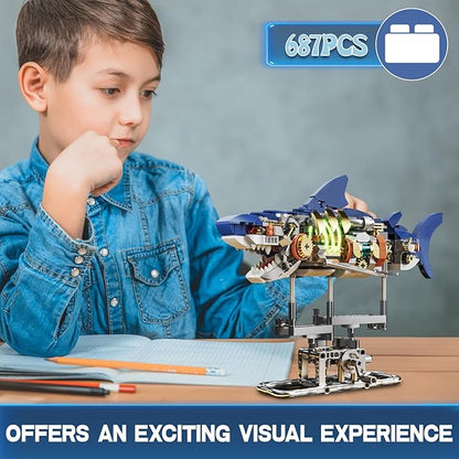 Mechanical Shark Building Block Set with Light Compatible with Lego Shark 687PCS Movable Ocean Sea Animals with Display Stand STEM Fish Toys for Home Office Decor for Adults Boys
