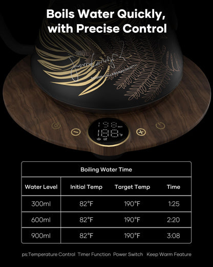Cocinare Gooseneck Electric Kettle, ±1°F Precise Temperature Control, 1500W Fast Heating, Pour Over Coffee & Tea Kettle with Brew Timer & Keep Warm, Stainless Steel, 0.9L (Rainforest)