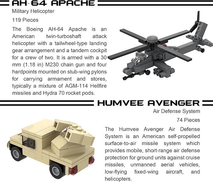 Apostrophe Games 5 Military Building Block Sets (730 Pieces) F/A-18 Hornet F-14 Tomcat Fighter Jet AH-64 Apache Helicopter M2 Bradley Tank and Humvee Avenger