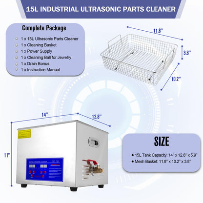 Ultrasonic Carburetor Cleaner, Ultrasonic Parts Cleaner 15L Industrial Ultrasonic Parts Cleaner with Heater&Digital Timer, Ultrasonic Carb Cleaner for Watch Dental Instrument Tool Parts Cleaning, 110V