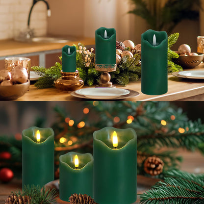 Flickering Flameless Candles, Set of 3 Green LED Candle Light with Remote & Timer, Battery Operated Electric Pillar Candle by Real Wax Dimmable Fake Candles for Home Falll Halloween Decor (Green)