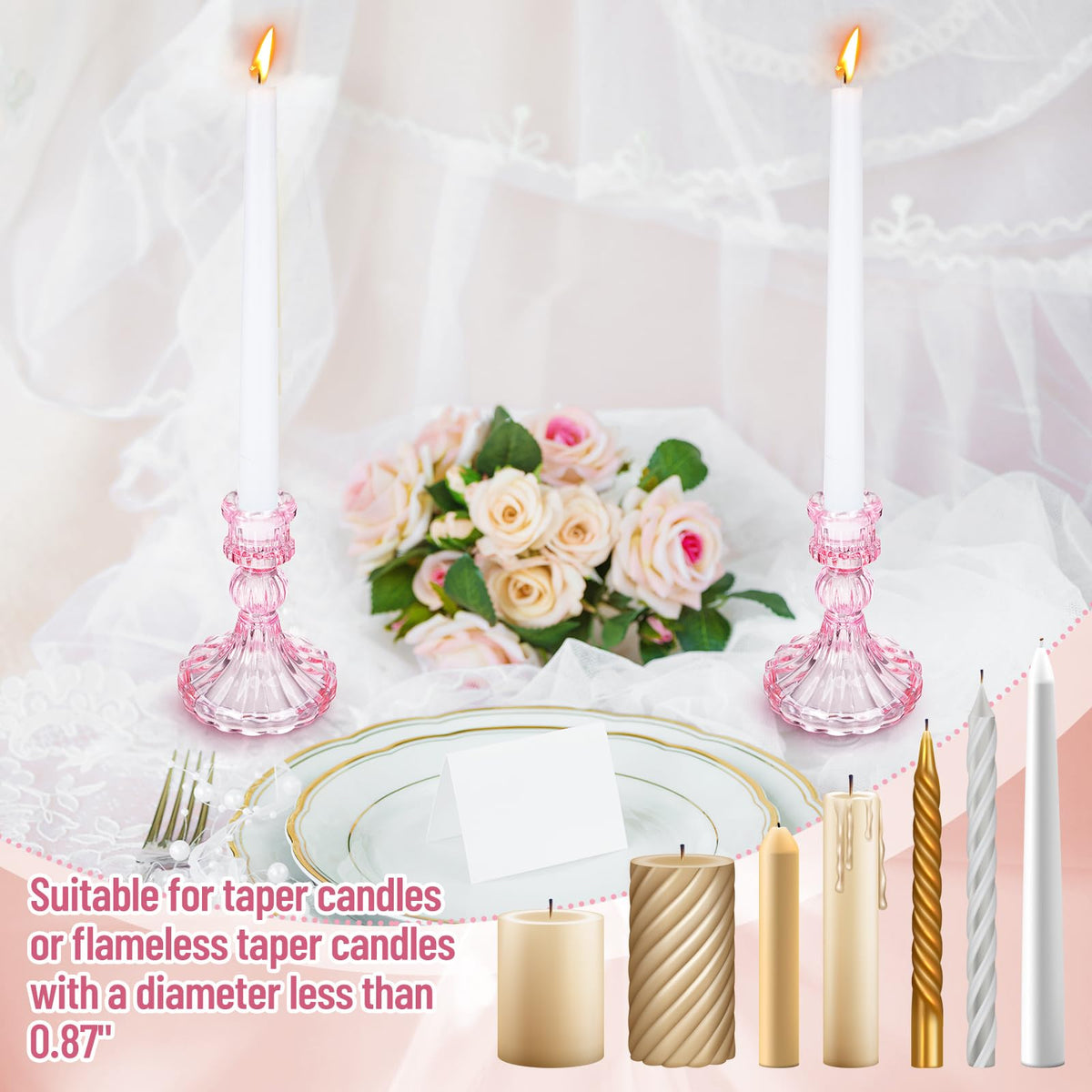 Maxcheck Set of 6 Candlestick Holders Taper Glass Candle Holder Decorative Candle Stand for Wedding Party Table Centerpiece Anniversary Festival Home Decor(Pink)