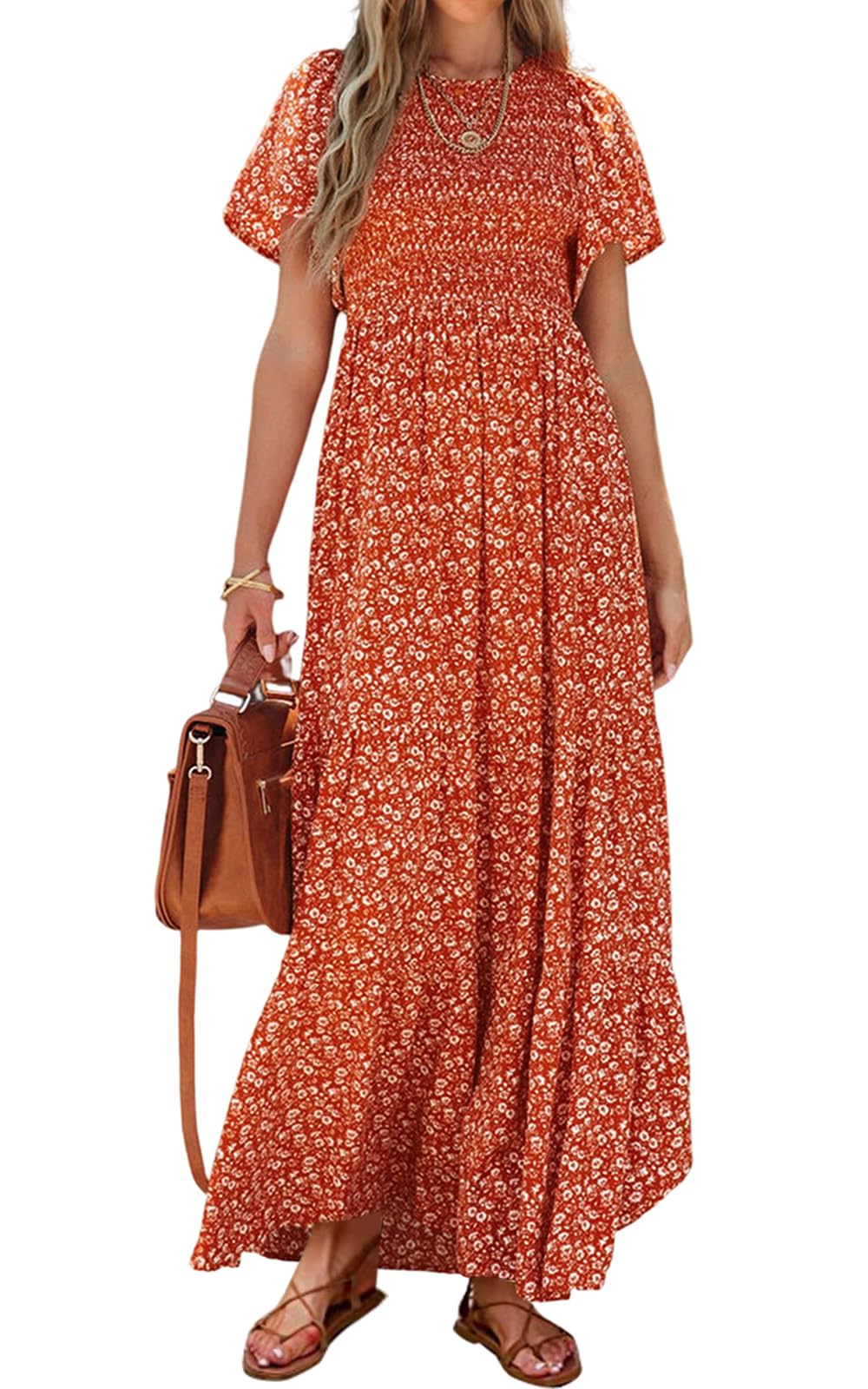 PRETTYGARDEN Women's 2025 Summer Casual Flutter Short Sleeve Boho Floral Maxi Dress Crew Neck Smocked Tiered Long Dresses