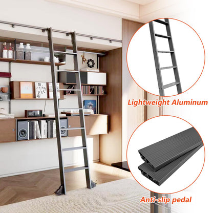 DIYHD 87" Sliding Library Ladder, Telescopic Top Hook, Lightweight Rolling Ladder with Upright Space-Saving Storage, Kit with 4FT Sliding Rail, Bottom Rollers, 300lbs Capacity, Black
