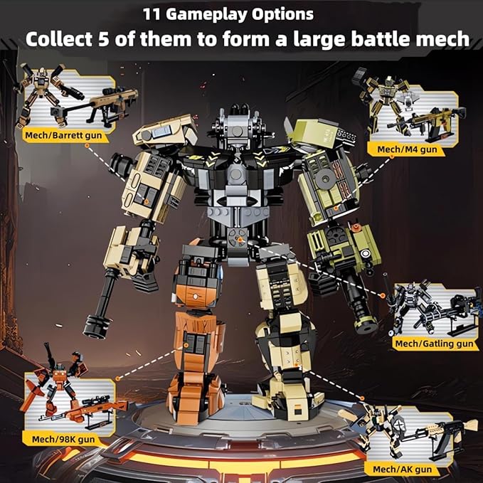 5 in 1 DIY Assembling Warrior Mech Model Building Blocks Set1881 Pieces Bricks Collectible Gun Military Weapon Toy Set Gift for Adults Teens 14+ or Firearm/Mech Fans