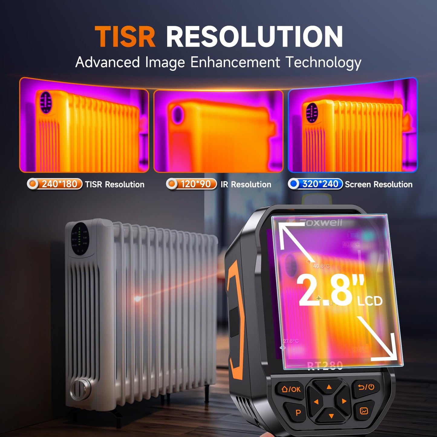 FOXWELL RT280 Thermal Imaging Camera, 320 X 240 2.8" LCD Screen Thermal Camera, TISR Resolution 240 x 180, 25Hz Handheld Infrared Cameras with Laser, PC Analysis, Photo & Video Recording, 8GB