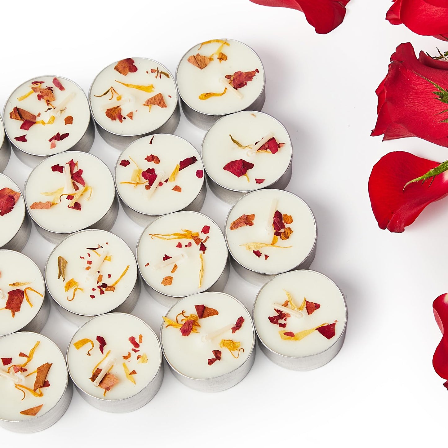 48 Pack Rose Scented Tealight Candles with Real Petals, Natural Soy Wax 6H Burn Time, Non-Toxic Smokeless Scented for Bath, Wedding, Decor