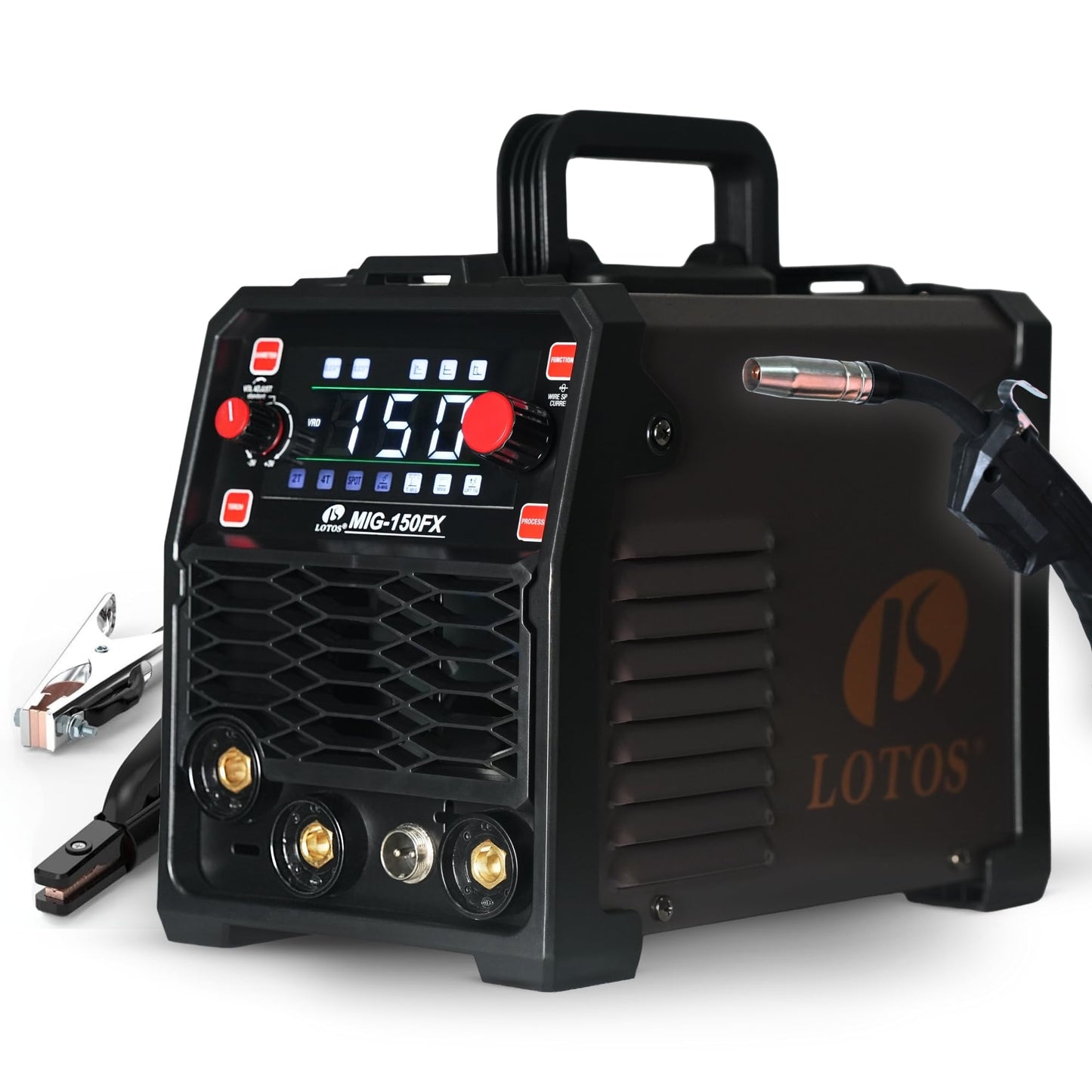 LOTOS OPTIMA 150A MIG Welder, 3-in-1 Synergic MIG Flux Core/MMA/TIG Welding Machine, 120V Portable IGBT Inverter with Large LED Display, 2T/4T/Spot Modes, Wire Feed 0.030"/0.035"