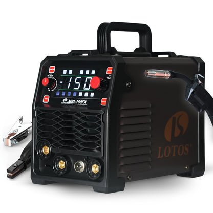 LOTOS OPTIMA 150A MIG Welder, 3-in-1 Synergic MIG Flux Core/MMA/TIG Welding Machine, 120V Portable IGBT Inverter with Large LED Display, 2T/4T/Spot Modes, Wire Feed 0.030"/0.035"