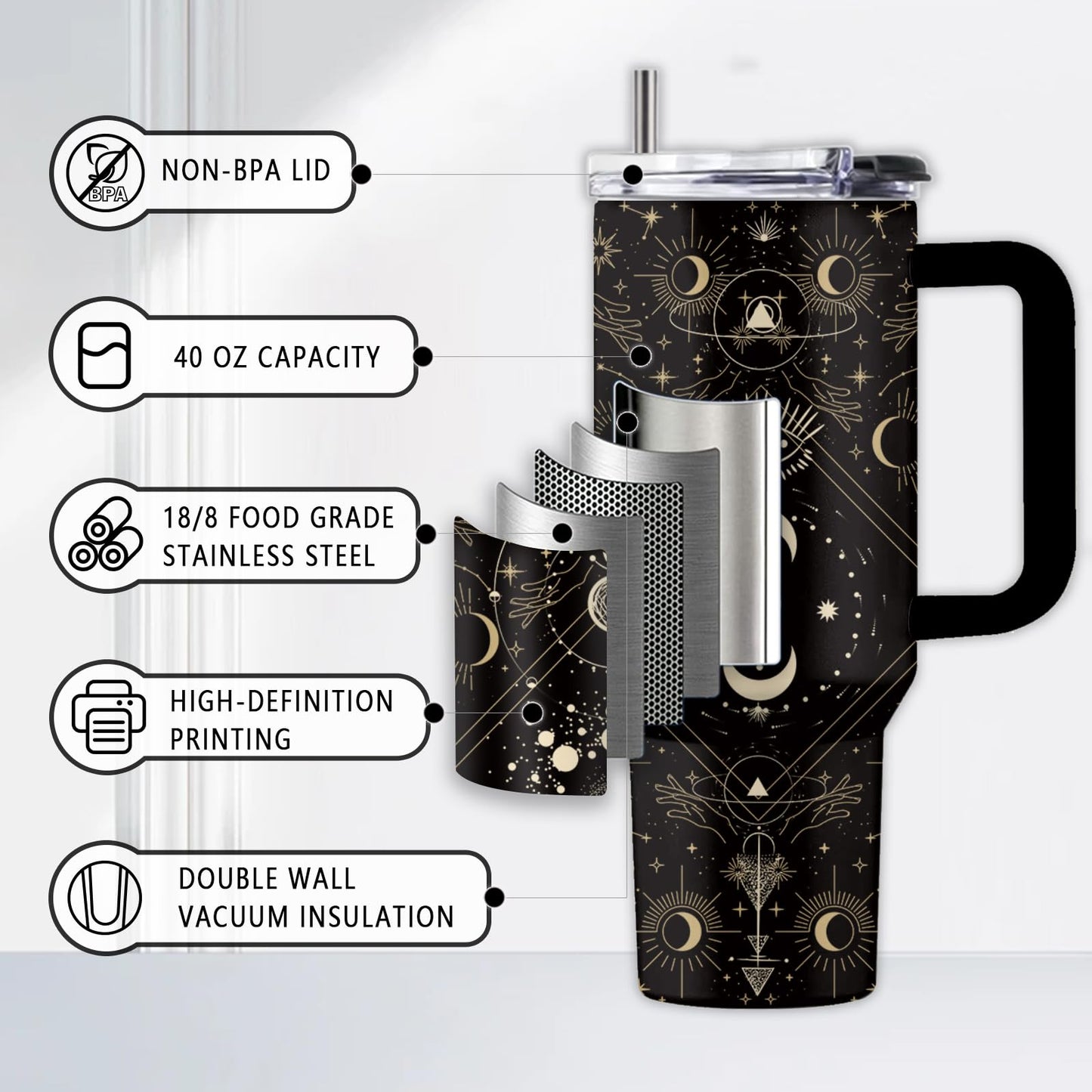 Uibunoo Goth Gifts for Women, 40 Oz Goth Tumbler with Handle & Straw, Birthday Presents for Goths Style Lovers, Stainless Steel Goths Tumbler, Moon Witchy Cup, Gifts for Thanksgiving Christmas, 1 PCS