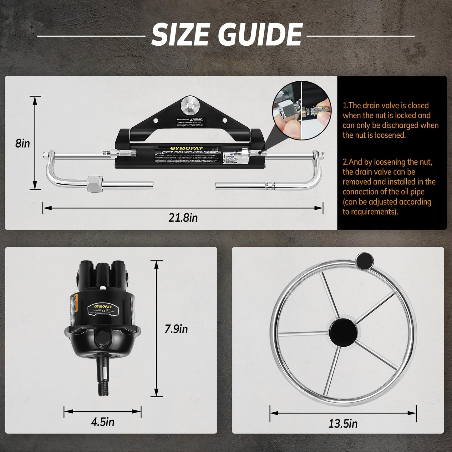 QYMOPAY 150HP Hydraulic Outboard Steering Kit, Marine Hydraulic Steering System with Bi-Directional Locking Cylinders and 24 ft High Strength Nylon Hose, Single Station, Single Engine Use