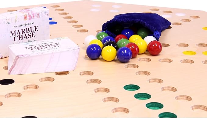 AmishToyBox.com Travel Marble Chase (Cards N' Marbles) Wooden Board Game Set - Double-Sided 23 Wide Board - Includes Carry Bag Marbles and Playing Cards