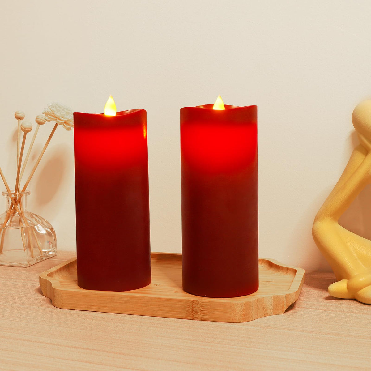 Enpornk 7” x 3” Flameless Candles, Flickering Moving Flame LED Candles, Battery Operated Candles with Remote and Timers, Burgundy, Set of 2