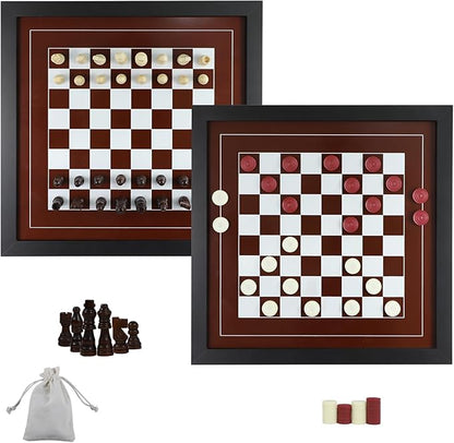 Wall Mounted Board Games Classic Checkers Game Strategy and Fun Games Art Decor for Home Checkers Board Game Magnetic Hanging Checkers and Chess Wooden Board Games (Checkers and Chess)