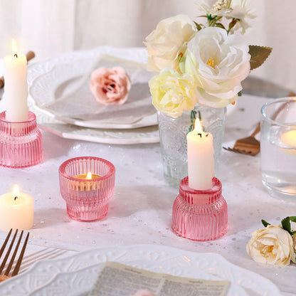HAVITI 12 Pack PinkTaper Candle Holders, Glass Candlestick Holders, Tea Light Candle Holder for Fall Wedding Centerpieces Table Decorations, Votive Candle Holders for Table Decor