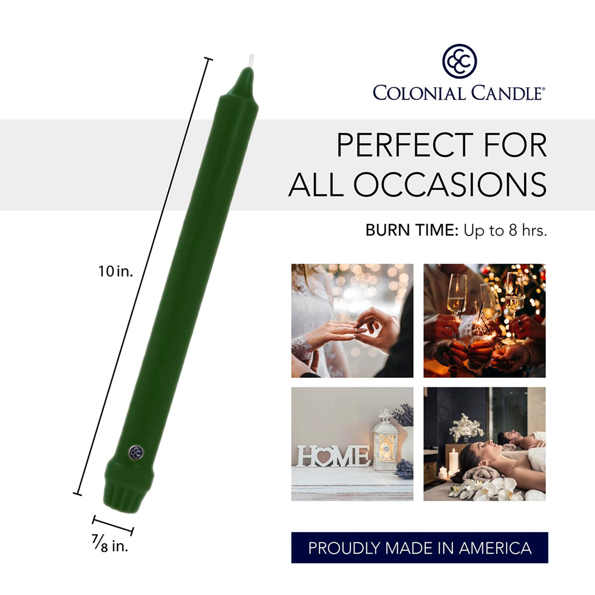 Colonial Candle Unscented Taper Candle, Classic Collection, Evergreen, 10 In, Pack of 12 - Up to 8 Hours Burn