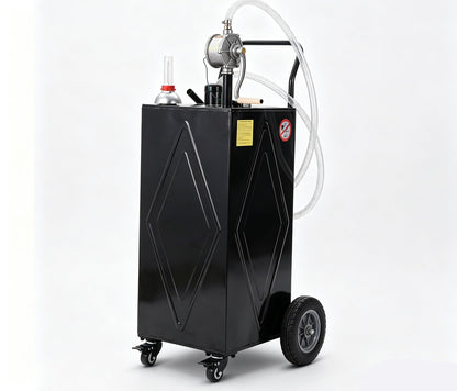 Garvee 30 Gallon Fuel Caddy with Manual Transfer Pump, Portable Gas Storage Tank on 4 Wheels, Gasoline & Diesel Fuel Storage Tank for Cars, Lawn Mowers, ATVs, Boats, More, Black