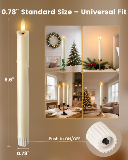 otnofok Flameless Taper Candles Real Wax with Remote, 9.6" x 0.78" LED Candlesticks Battery Operated, 3000K CCT for Wedding, Christmas, Dinner Table Centerpieces, 6 Pack, Ivory Melted Wax Look