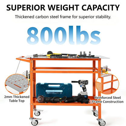 Welding Table, 36" x 24" Welding Workbench with 800LBS Steel Frame, Portable Welding Bench with 2 Brake Wheels & 4 Adjustable Feet, Side Hanging Board, 178 5/8" Fixture Holes for Garage Workshop