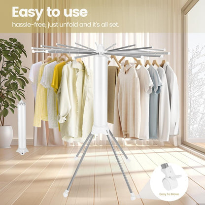 Pheluoca 4-Legged Clothes Drying Rack Foldable Drying Rack Clothing,Portable Laundry Drying Racks with 4 Pulleys & 16 Rack for Drying Clothes, Indoor, Balcony,Poolside,Camping,White