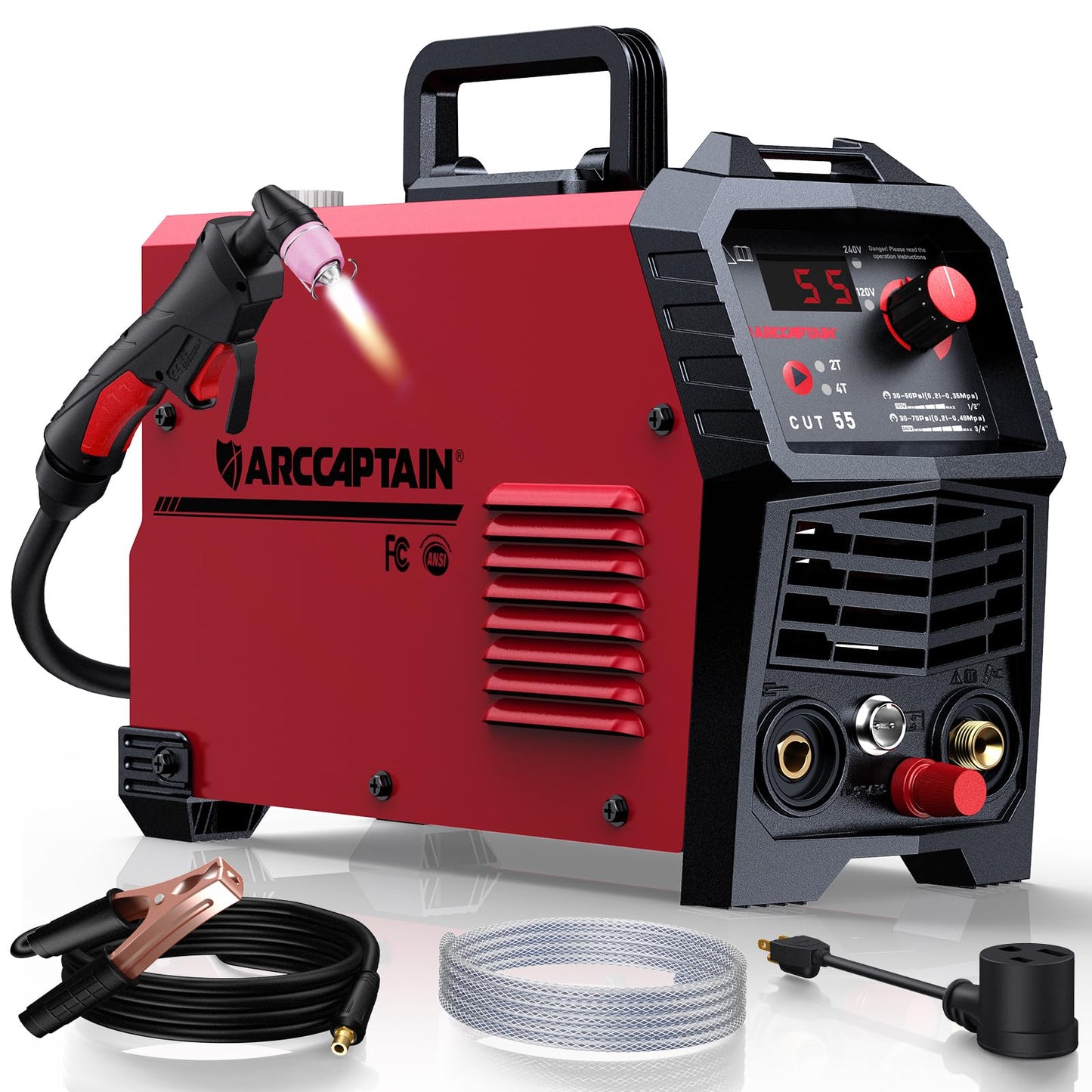 ARCCAPTAIN 55A Plasma Cutter, Non-Touch Pilot Arc High-Frequency Plasma Cutting Machine + ARCCAPTAIN Large View 3.94" x 3.66" True Color Auto Darkening Welding Helmet with Light
