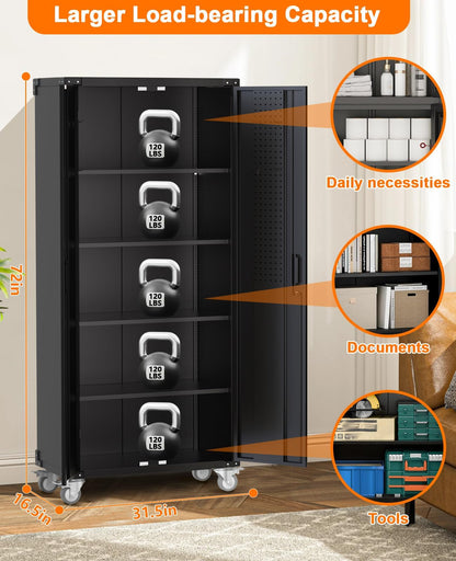 Garvee 72 in Tall Garage Storage Cabinet – 600 LB Capacity Metal Tool Cabinet with Magnetic Lock, 4 Adjustable Shelves & Wheels, Heavy-Duty Steel Storage for Workshop, Home & Office