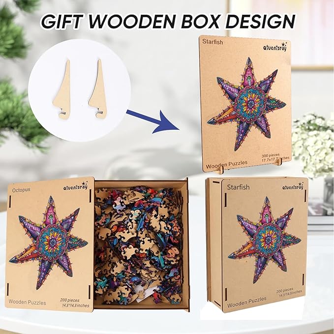 Qiuenisray Wooden Jigsaw Puzzles for Adults 500 Piece Starfish Ocean Wood Jigsaw Puzzles Wall Decor FSC Certified Royal Unique Shape Adult Puzzles Piece Creative Gift for Family Games 20.3x20.3 in