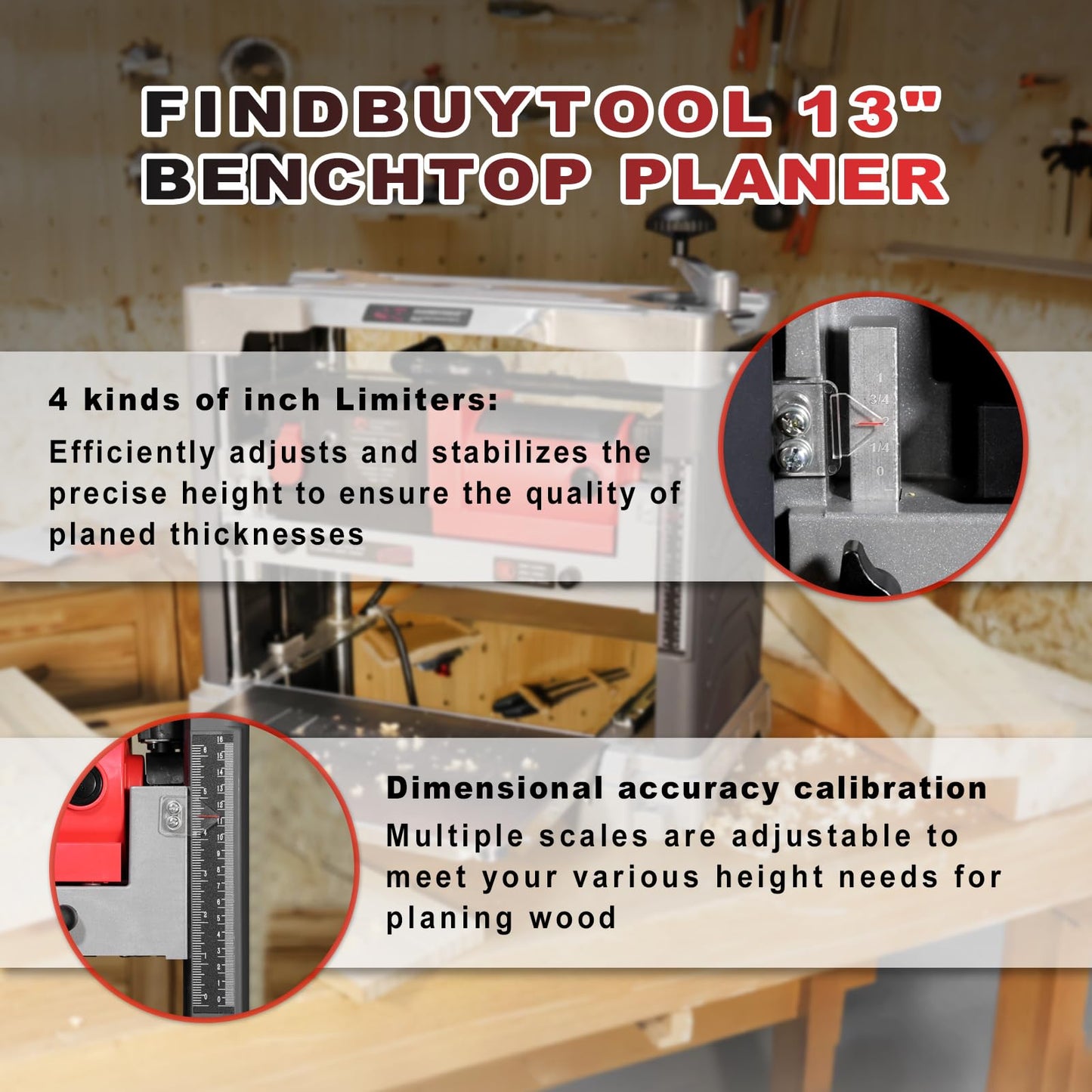 FindBuyTool 13" Benchtop Wood Thickness Planer with Helical Cutterhead, 120V 15-AMP 20000RPM Power Electric Motor Infeeding Worktable for Woodworking