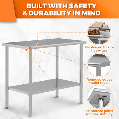 HOCCOT All Stainless Steel Work Table, Heavy Duty Prep Table 24x48 Inch with Stainless Steel Undershelf & Replaceable Feet(Without Casters) Commercial Workstation for Restaurant Kitchen Garage Outdoor