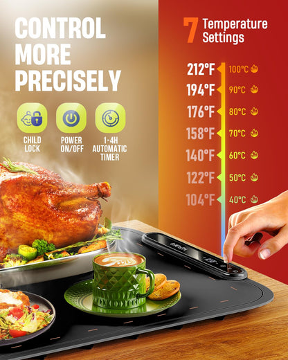Warming Mat for Food, VEPOKA Food Warmer Mat for Countertop, Electric Warming Tray with 7 Temp Levels & Auto Shut-Off, Food Warmers for Parties, Ideal Gift for Kitchen & Buffet Use