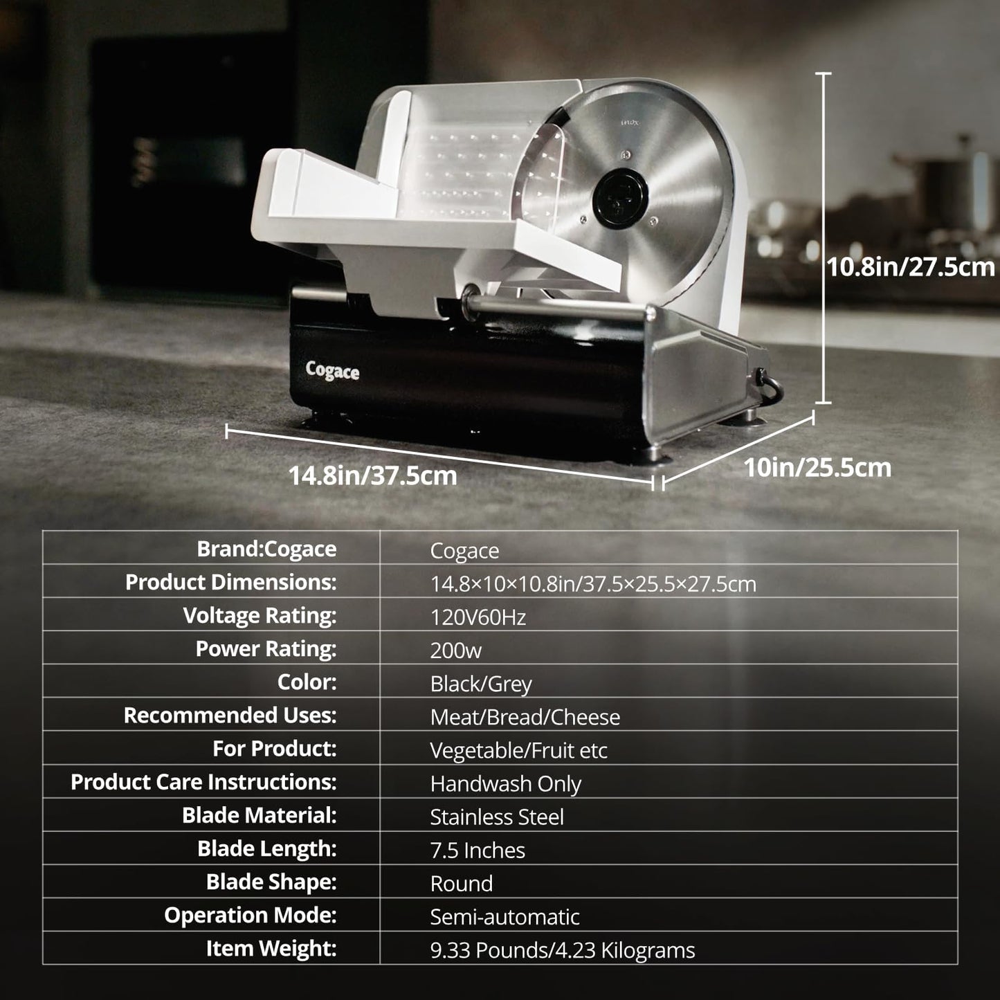 Powerful Deli Meat Slicer Machine, 200W Electric Food Slicer with 3 Types of 7.5" Stainless Steel Blades, Adjustable Thickness 0–15mm, for Meat, Cheese, Bread, Vegetables, Home Use