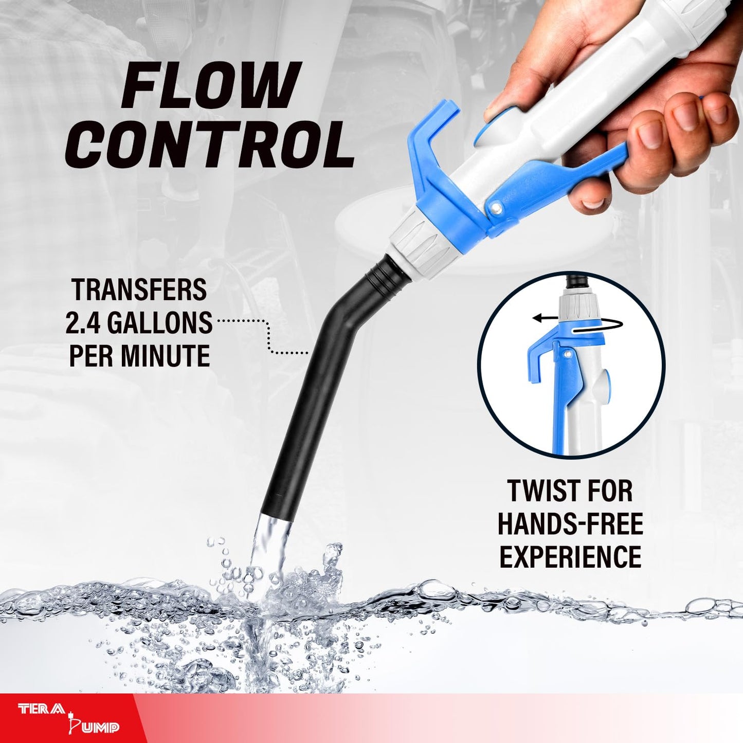 TERA PUMP - Large Automatic Electric Powered DEF Drum Pump with Flow Control Handle Nozzle for DEF, Antifreeze, Washer Fluid - 2.4 GPM Transfer Rate w/ 9.8ft Vinyl Hose and Screw On Bung Adapter