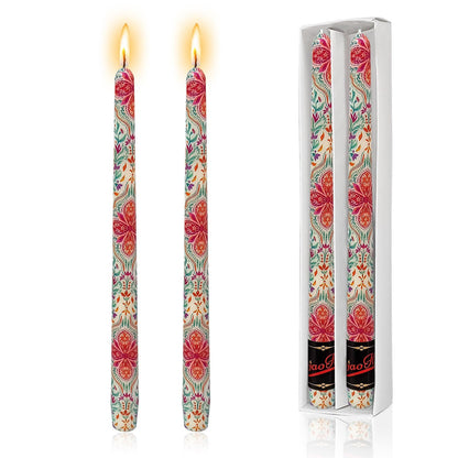 NJAO HOO Floral Candlesticks 10 in Straight Taper Candles Bohemian Hand Printed Candlesticks Tall Tapered Candle for Nordic Home Decor Simple Modern, 2Pcs