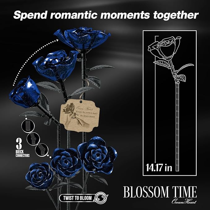 Rose Rotating Everlasting Flower Building Set (866PCS) Compatible Artificial Bouquet Elegant Home/Office Decor Accent for Tabletop Display Long-Lasting Home Decoration (Blue)
