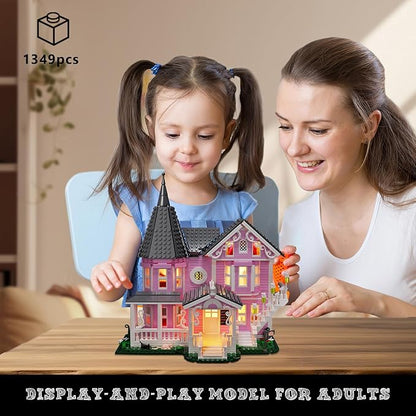Pink Palace House Building Set with Lights Halloween Haunted House Blocks Toy Halloween House Kit for Kids Adults Compatible with Lego Christmas for Girls and Boys Aged 8+ (1349PCS)